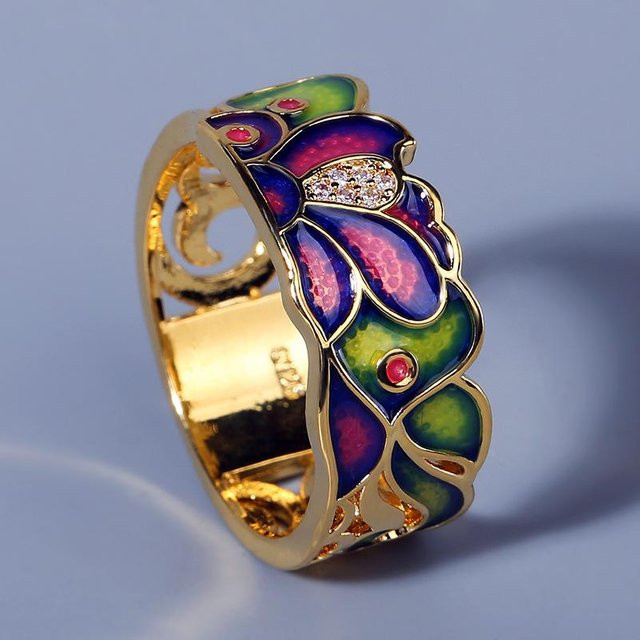 YIRAN Ring, Emaille, Kupfer, beige, Zirkonia, Kristall, Unisex - Bild 1