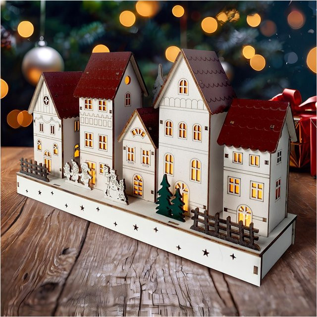 HTI-Living Weihnachtshäuser mit spielenden Kindern LED Winterdeko aus Holz in Weiß - Bild 1