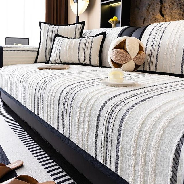 Hochwertiger Chenille Sofabezug in Gestreift, Multicolour, B/B: 70 x 70 cm - Bild 1