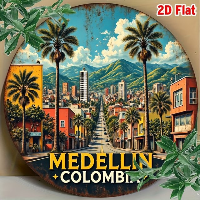 Potdemiel Vintage Wandkunst Medellin Kolumbien Rundes Aluminiumschild Bunt mit Stadtbild Palmen und Bergen Durchmesser: 20 cm - Bild 1