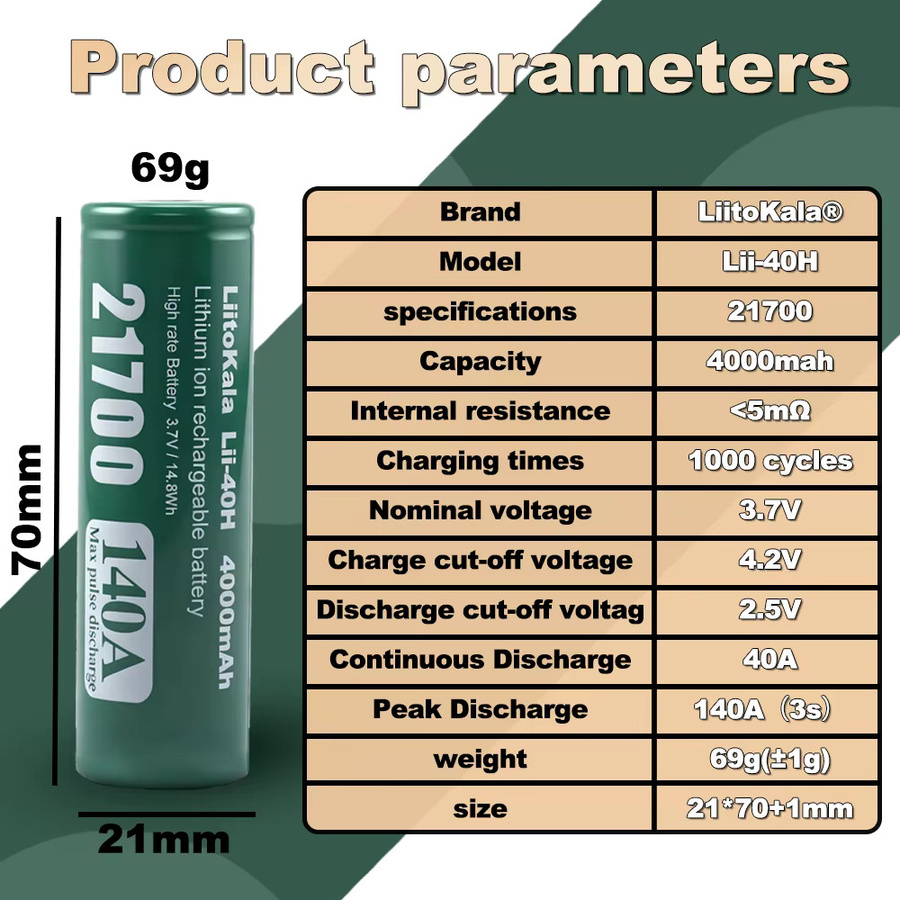 LiitoKala Lii-40H 21700 Hochleistungs-Akku mit 4000 mAh und 140 A Entladung, 3,7 V, Farbe: Grün - Bild 2