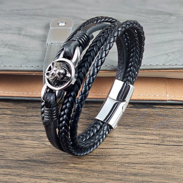 jiangmingao Magnetarmband, Leder, Edelstahl, Wolfskopf-Relief, Schwarz, Herren - Bild 1