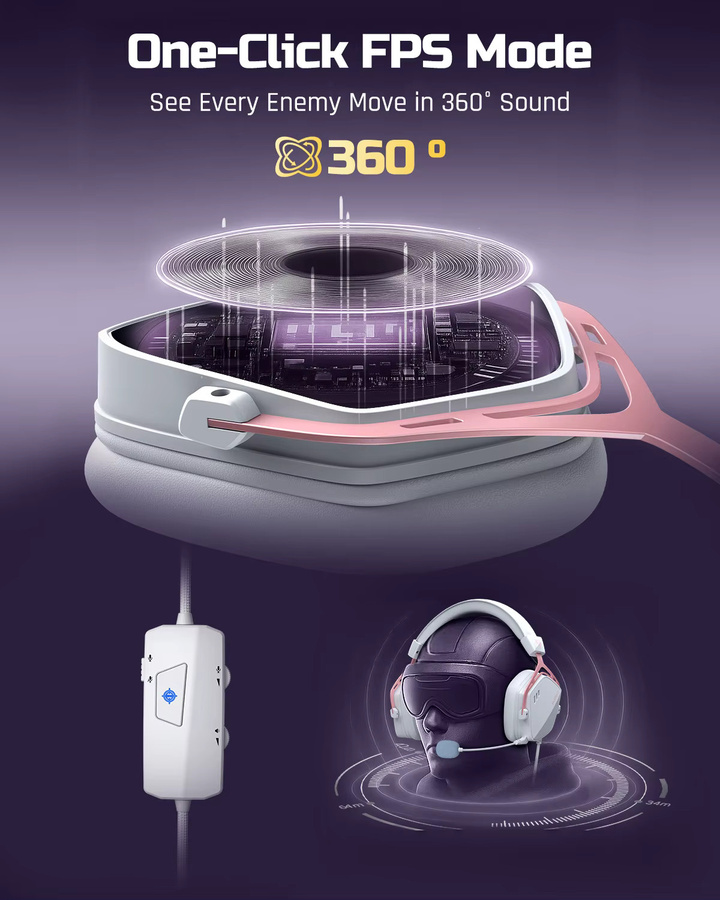 NUBWO HG03 Gaming-Headset mit 7.1 Surround Sound, USB-A, Weiß-Rosa - Bild 5