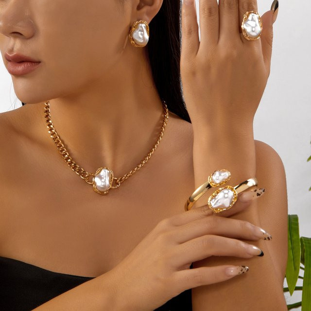 RINHOO FRIENDSHIP Schmuck-Set, Halskette, Armreif, Ring, Ohrringe, Goldfarben, Perle, Messing, Damen - Bild 1