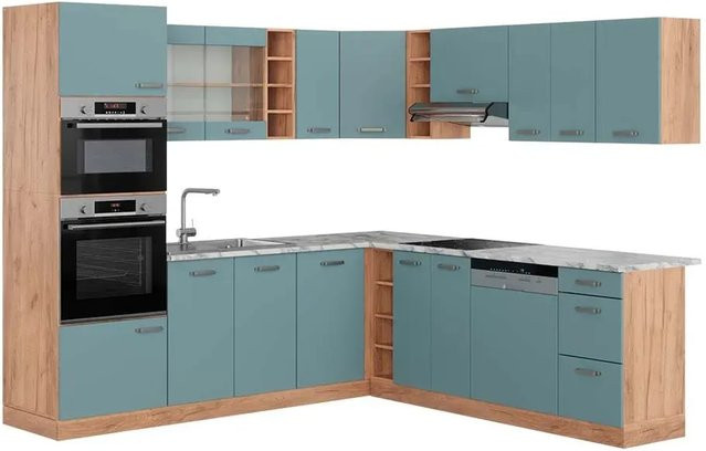 Vicco R-Line Eckküche modern in Blau-Grau und Goldkraft Eiche mit Marmor-Optik, B/T/H: 237 x 247 cm - Bild 1