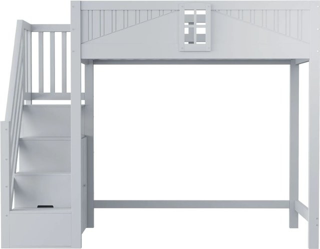 Merax Hochbett für Kinder aus Massivholz und MDF mit Sicherheitsleiter und Ablage in Grau und Weiß, B/T/H: 90 x 200 x 170 cm - Bild 1