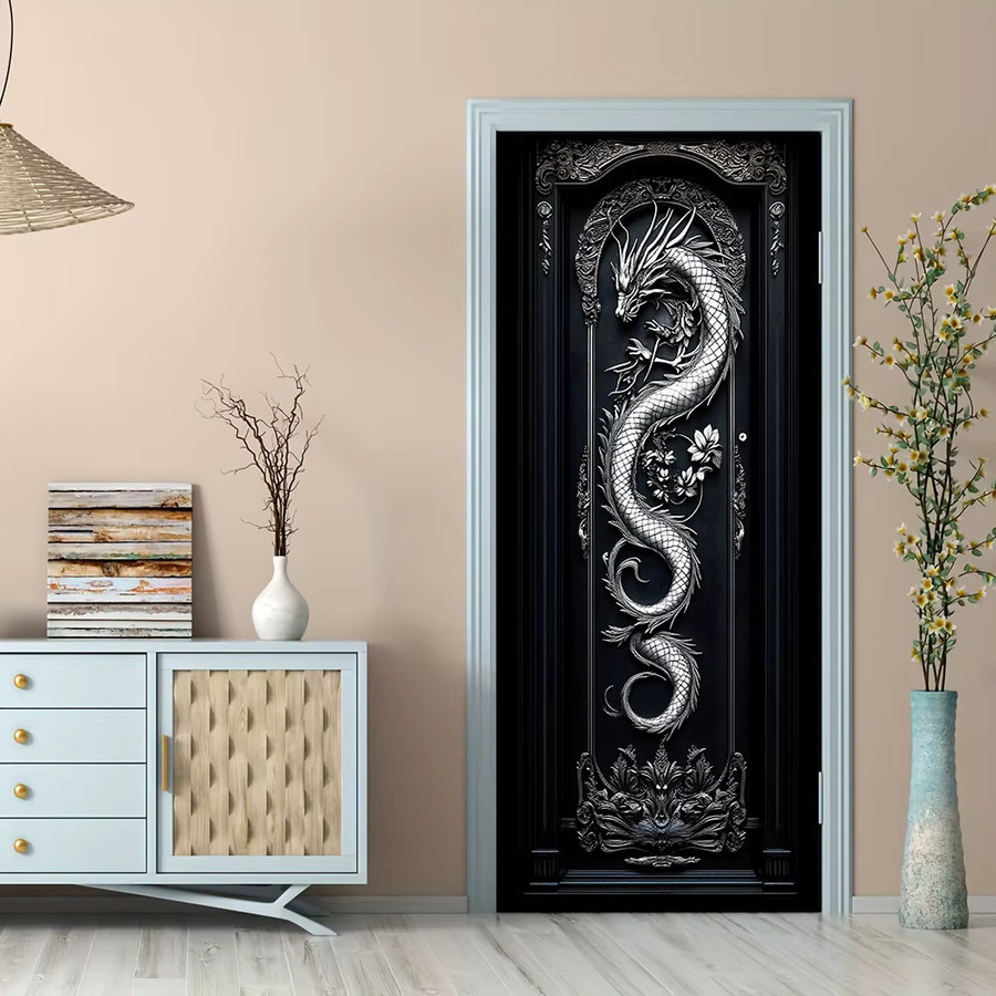 Selbstklebender Vinyl-Türaufkleber im chinesischen Stil mit 3D-Drachenmuster in Schwarz und Multicolour - Bild 2