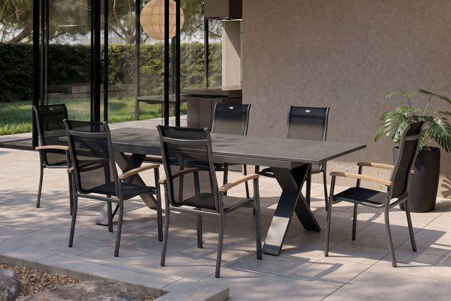 Hartman Garten-Essgruppe Xanadu / Alice in xerix/schwarz aus Aluminium und Glaskeramik mit 6 Stapelsesseln und 4 Textilen, Tisch B/T: 220 x 100 cm bis 280 x 100 cm - Bild 1