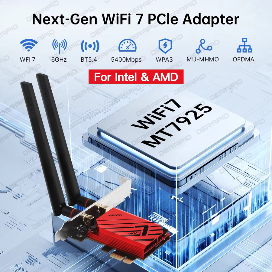 DERAPID WiFi 7 PCIe Netzwerkkarte mit Bluetooth 5.4, Tri-Band Wireless-Adapter 5400Mbps für 2,4G, 5G und 6GHz, kompatibel mit Windows 10 und Windows 11 - Bild 2