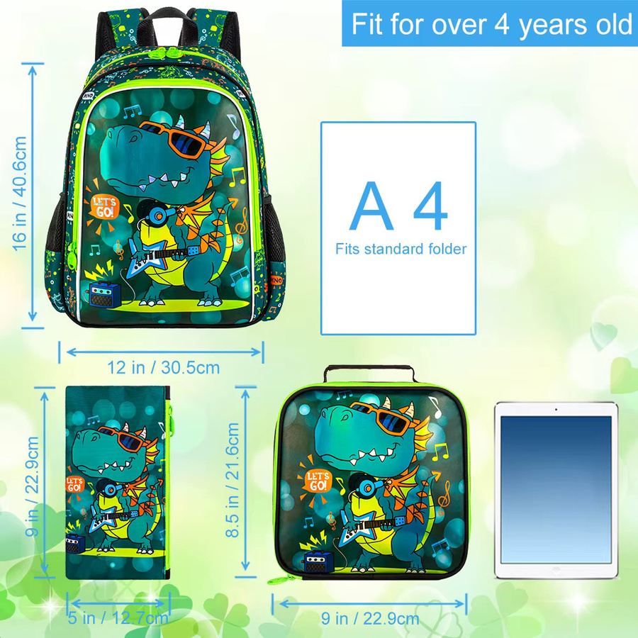3-teiliges Dinosaurier Schulrucksack-Set für Jungen mit Lunchbox in Grün, 40,6 cm große Kinder-Büchertasche für Kindergarten und Grundschule - Bild 2