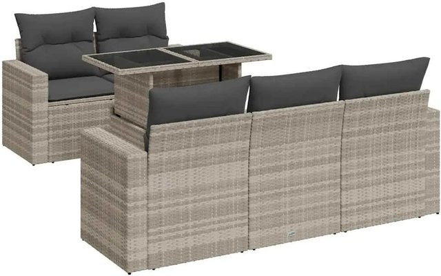 vidaXL 6-teilige Garten-Sofagarnitur in L-Form mit Kissen und Couchtisch, Hellgrau, Poly Rattan und Metallgestell - Bild 1