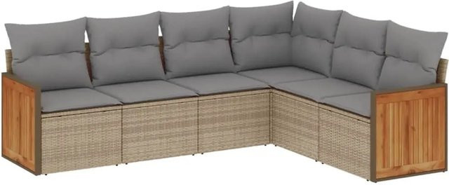 vidaXL 6-tlg Garten-Sofagarnitur in L-Form aus Polyrattan und Akazienholz in Beige mit Sitzkissen und Rückenkissen - Bild 1