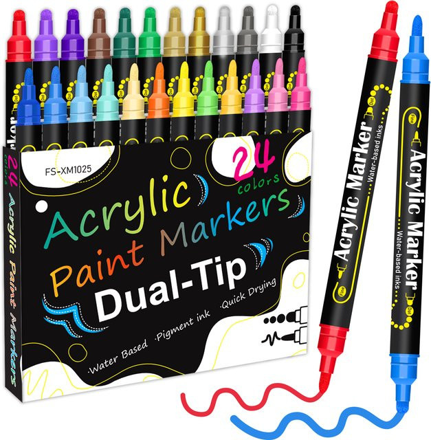 Flysea Acrylmarker Set mit 24 Farben und Doppelspitzen für DIY-Bastelarbeiten auf Holz, Leinwand, Stein, Glas und Keramik, Mehrfarbig - Bild 1