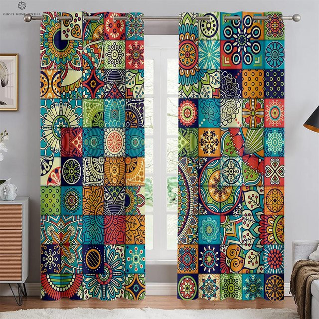 Yiran Furniture Vorhänge mit böhmischem Karomuster in Weiß und Multicolour, semi-transparent im Retro-Stil, 2er-Set, Breite: 50 cm, Höhe: 130 cm - Bild 1