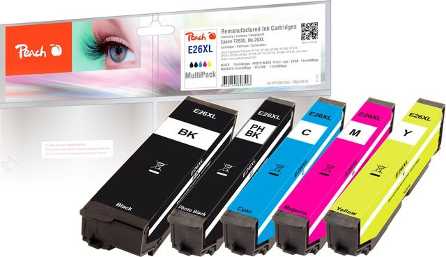 Peach E26 XL Druckerpatronen Set für Epson No. 26XL, wiederaufbereitet, Multicolor (Schwarz, Phantagreen, Cyan, Magenta, Gelb) - Bild 1