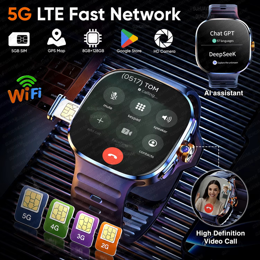 GUHUAVMI Android Smartwatch mit 2,4 Zoll AMOLED-Display, 5G/4G Vollnetzwerk, GPS, WLAN, Bluetooth und unabhängiger Anruffunktion in Gold oder Schwarz - Bild 3