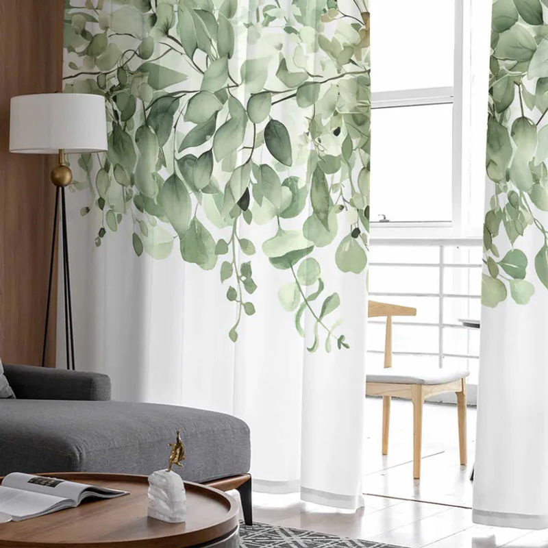 Super Six Transparentes Chiffon-Fensterdekoration mit Eukalyptus-Blatt Aquarell-Print, Farbe: Weiß, Breite: 135 cm, Höhe: 114 cm - Bild 3