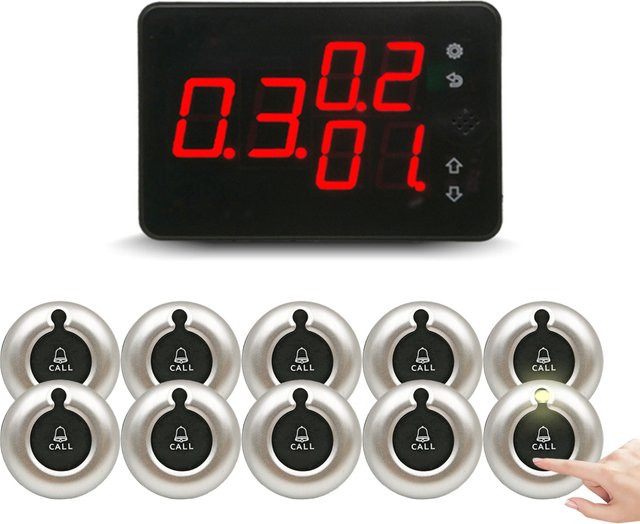 Ycall Kabelloses Rufsystem für Restaurants mit 1 Empfänger-Monitor und 10 Vibrations-Pager-Tasten in Schwarz - Bild 1