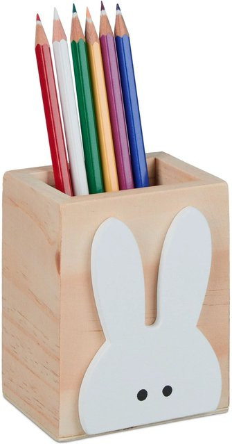 Relaxdays Stiftehalter aus Kiefernholz mit Hasen-Motiv in Weiß, B/T/H: 10 x 8 x 6 cm - Bild 1