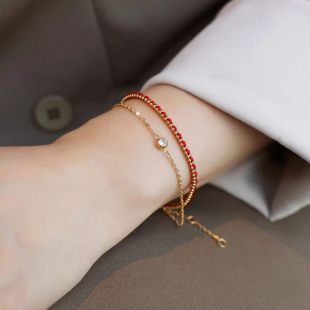 Doppelschichtiges Armband, rote Schnur, Zirkon, Edelstahl, Damen - Bild 1