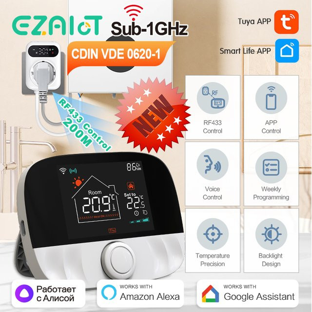 EZAIOT Tuya WiFi Smart Gas Kessel Thermostat mit App-Steuerung und Alexa Google Home Integration, Weiß - Bild 1