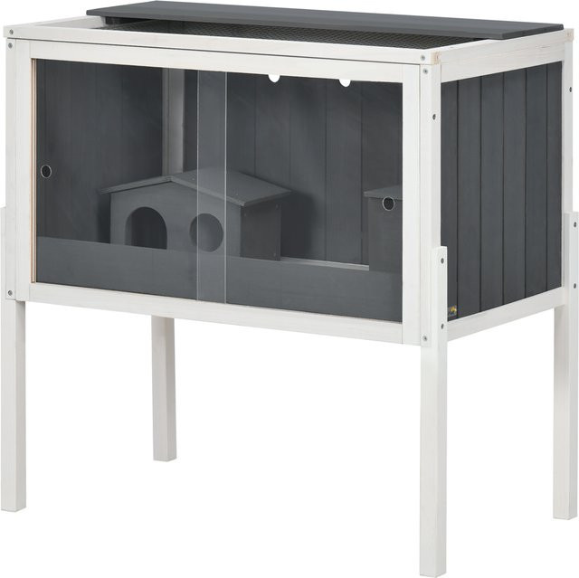 PawHut Hamsterkäfig aus Holz für Zwerghamster und Nager in Grau mit Zubehör und 2 Hütten, B/T/H: 82 x 45 x 81 cm - Bild 1