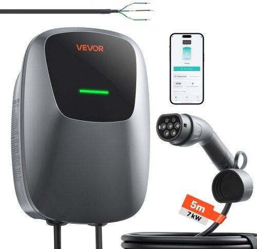 VEVOR Wallbox E-Auto-Ladestation 7 kW Typ 2, Einphasig 230 V, 32 A, mit App-Steuerung und Digitalanzeige, IP65, Grau, 5 m Kabel - Bild 1