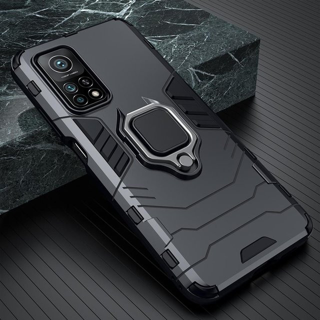 Stoßfeste Armor Handyhülle mit Ringständer für Xiaomi Mi 10T 10T Pro 5G und Mi 10T Lite aus Silikon und PC in Schwarz - Bild 1