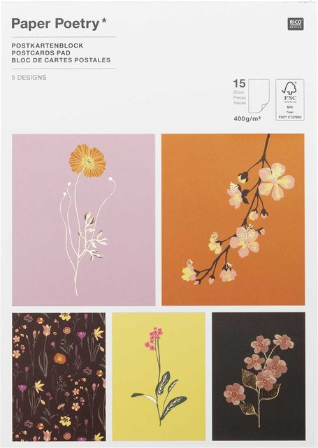 Rico Design Paper Poetry Postkartenblock mit Blumen Motiven, 15 Stück - Bild 1