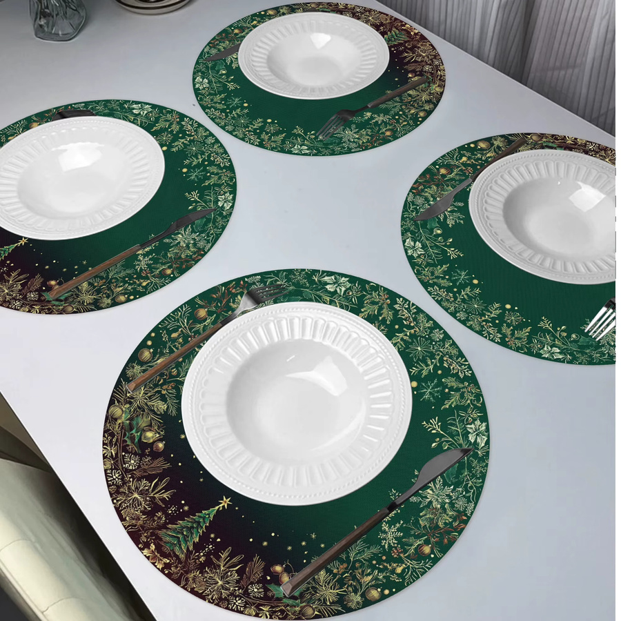 VIKAMA 4er-Set Weihnachts-Platzsets aus Leinen in Grün und Gold mit floralem Blatt- und Beerenmuster, rund, Durchmesser: 38 cm - Bild 3