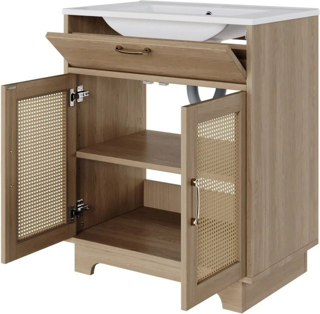 PXloue Waschtisch mit Keramikbecken in Rattan Optik, Badmöbel in Natur Braun, B/T/H: 76 x 46 x 88 cm - Bild 1