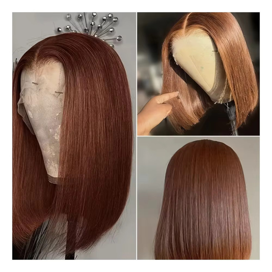 Ainmeys Bob-Perücke, Schokoladenbraun, kurz, glatt, Echthaar, 13x4 HD Lace-Frontal - Bild 5