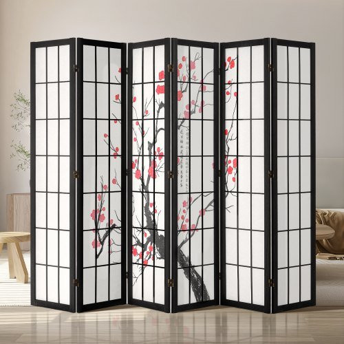 VEVOR 6-teiliger japanischer Raumteiler aus Holz mit Kirschblütenmalerei, faltbarer Sichtschutz in Schwarz für Wohnzimmer, Schlafzimmer und Restaurant - Bild 1