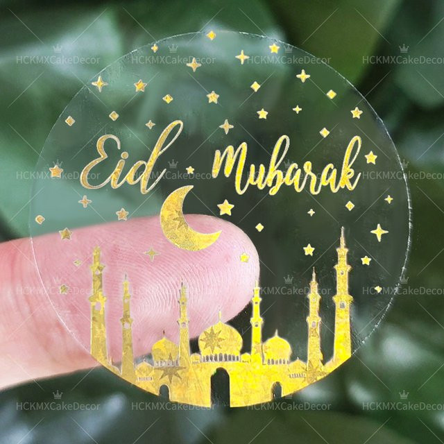 5 Blatt Eid Mubarak Transparente Heißpräge-Aufkleber in Gold für Ramadan-Geschenkverpackungen und Dekoration - Bild 1
