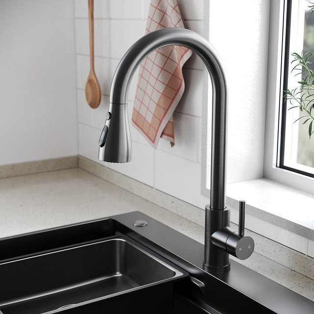 SONNI Waschtischarmatur aus Edelstahl mit Ausziehbrause und 3 Wasserflussmodi in Silber - Bild 1