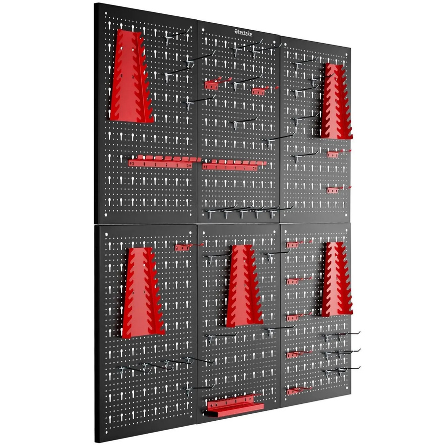 tectake Werkzeuglochwand Jonah sechsteilig aus Stahl mit Haken und Halterungen, Schwarz Rot, B: 240 cm, H: 60 cm, 6er Set - Bild 2
