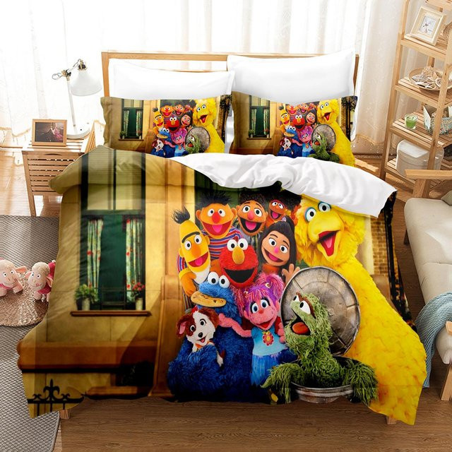 Gu Tao Sesamstraße Anime Bettwäsche-Set aus Polyester, 3-teilig, Mehrfarbig, B/T: 135 x 200 cm - Bild 1
