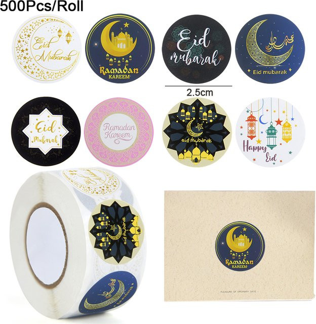 500 Stück Eid Mubarak Aufkleber für Ramadan Kareem Dekoration und Geschenkboxen, Mehrfarbig - Bild 1