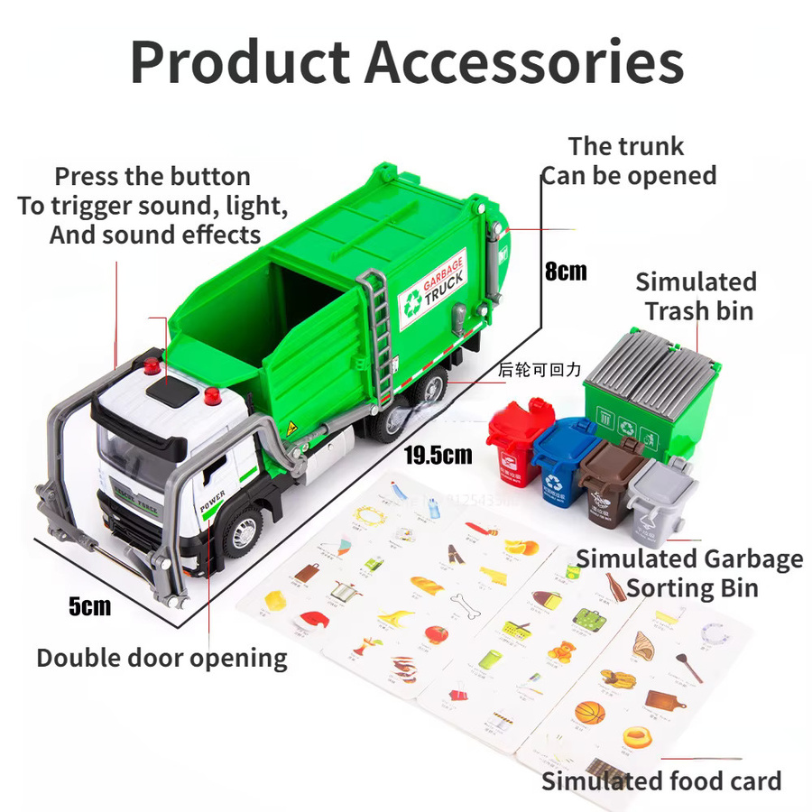 DUFFDUN Urban Garbage Recycling Auto Modell Spielzeug, 1:32, Metall, mit Sound und Licht, Rückzugfunktion - Bild 5