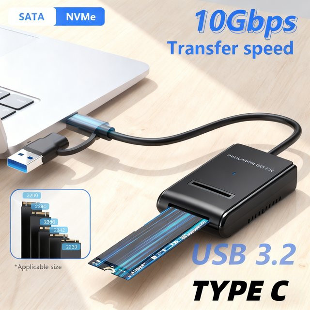 M.2 auf USB Typ-C SSD-Adapter Dual-Protocol Easy Drive-Kabel 10 Gbit/s für NVMe SATA PCIe NGFF Festplatten, Schwarz - Bild 1