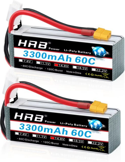 HRB LiPo Batterie 14,8 V 4S 3300 mAh mit XT60 Anschluss für RC FPV Flugzeuge, Drohnen, Racing Boote und Autos - Bild 1