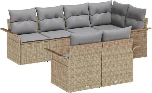 vidaXL Garten-Sofa-Set aus Polyrattan in Beige mit Kissen, 7-teilige L-Form Lounge-Garnitur für Garten und Terrasse - Bild 1