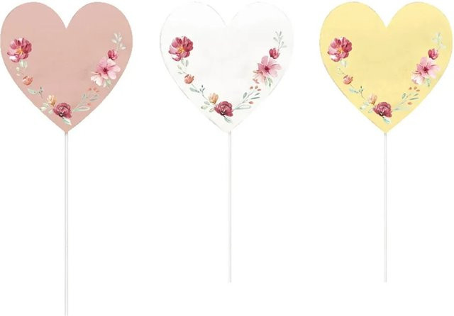 Boltze Deko-Stecker Elsie 3-fach sortiert mit Blumenmotiv und Herzform in Gelb, Weiß und Mehrfarbig, Höhe: 30 cm - Bild 1