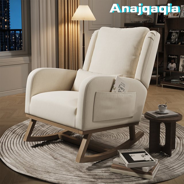 Anajqaqia Schaukelstuhl aus Leinen in Weiß mit hoher Rückenlehne und Lendenkissen als gepolsterter Relaxsessel für dein Wohnzimmer - Bild 1