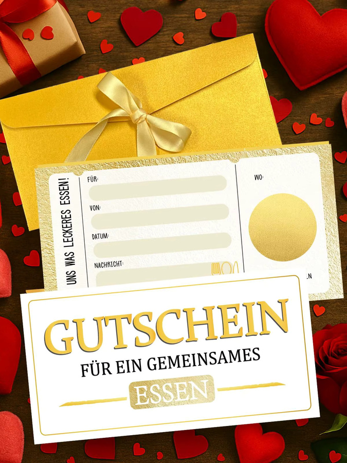 3-teiliges Gutschein-Kartenset für ein gemeinsames Essen in goldenem Design aus Papier - Bild 6