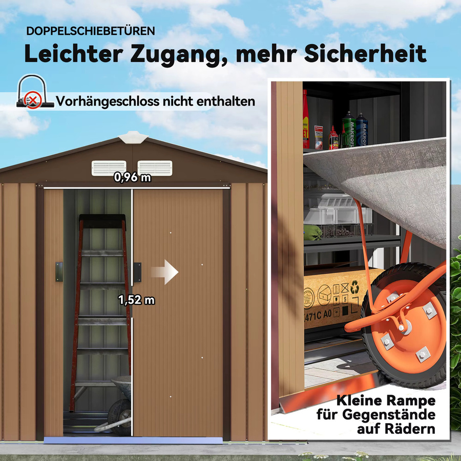 Outsunny Gartenhaus aus verzinktem Stahl in Braun mit Bodenrahmen und Schiebetüren, B/H/T: 130 x 185 x 213 cm - Bild 9