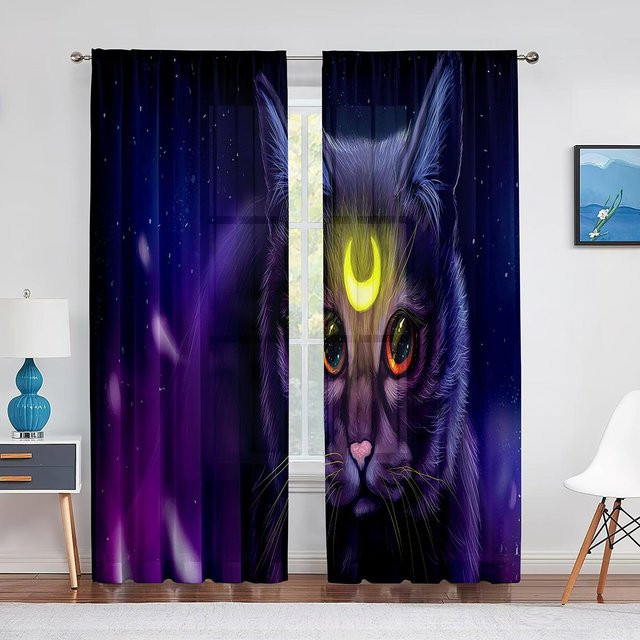Transparenter Tüllvorhang mit Katzen-Motiv von Super Six, Farbe: Lila, Breite: 100 cm, Höhe: 250 cm - Bild 1