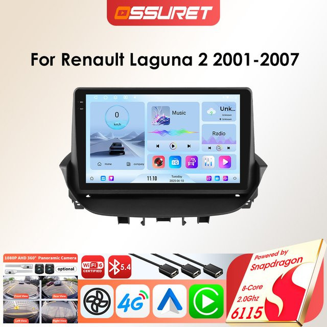 OSSURET Android-Autoradio für Renault Laguna 2 2001–2007, Multimedia-Player mit Snapdragon 6115 Prozessor, 8 Kerne, Schwarz - Bild 1