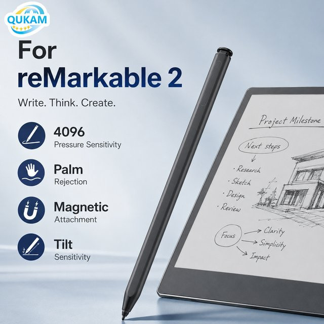 qukam EMR Stylus Tablet Pen für reMarkable 2 in Schwarz mit 4096 Druckstufen, Radierer und Handballenerkennung - Bild 1