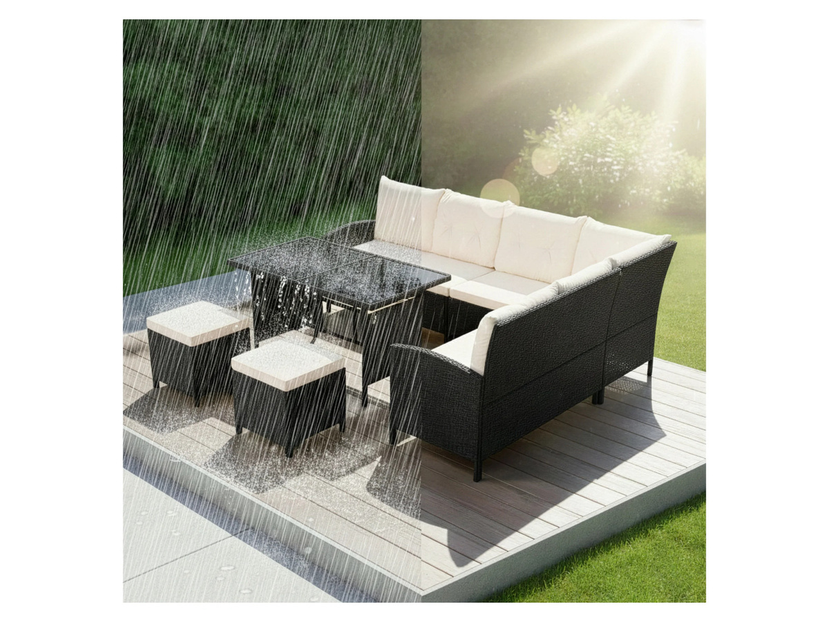 Juskys Gartenlounge Manacor Polyrattan Set in Schwarz mit cremefarbenen Bezügen - Bild 3